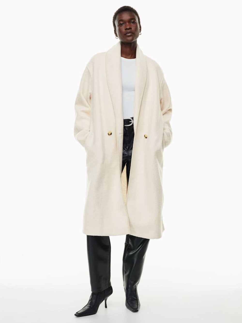 Aritzia Wilfred Free Charlize Merino Wool Shawl Collar Jacket Button Front Ivory